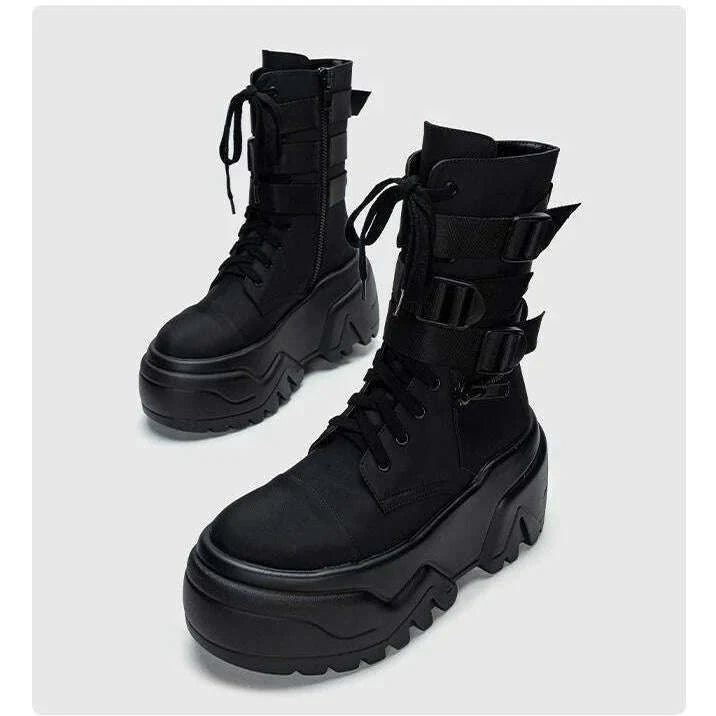 KIMLUD, Women Ankle Booties Autumn Leather Chunky Shoes Woman High Platform Breathable Sneakers 9CM Thick Sole Wedges Motorcycles Boots, KIMLUD Womens Clothes