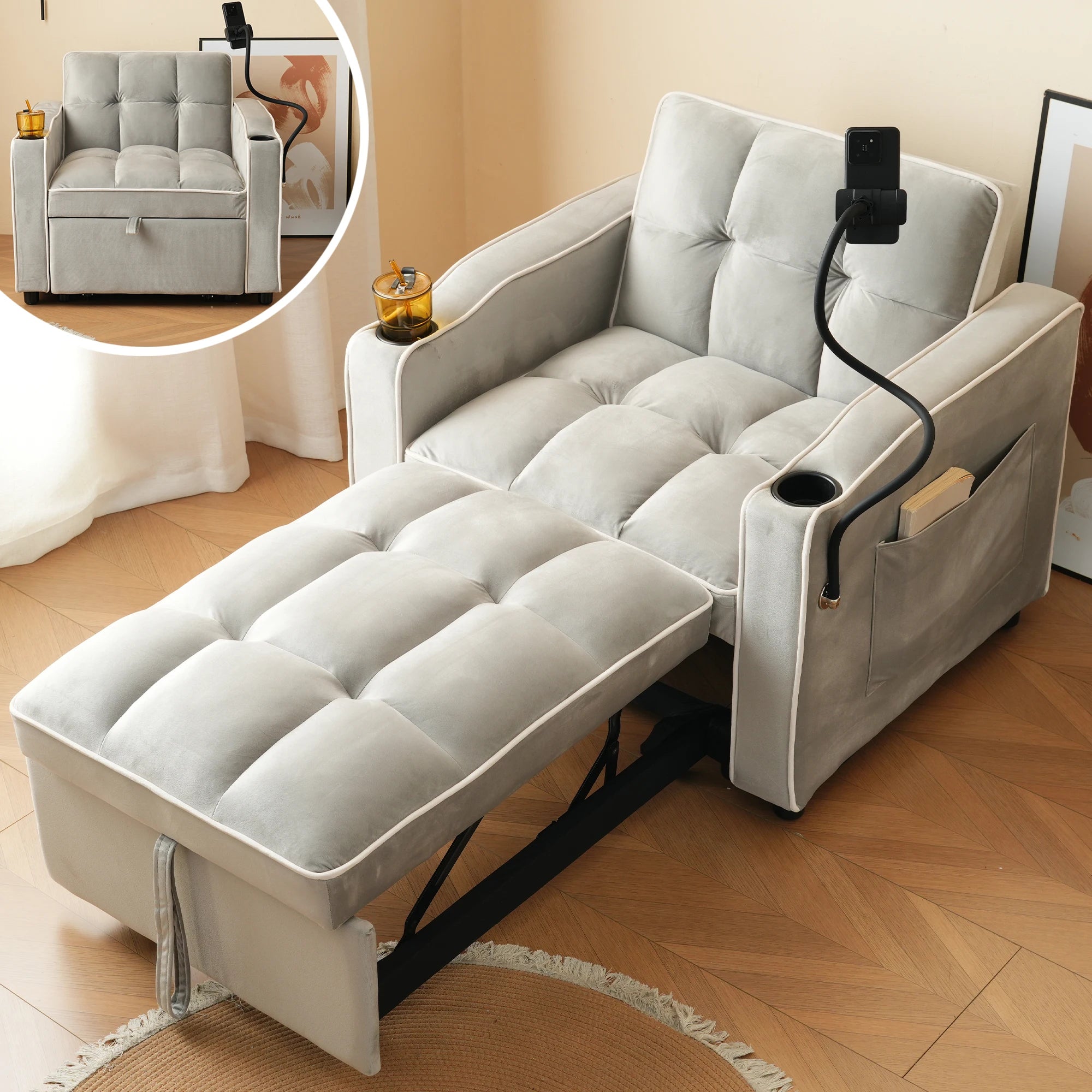 Synthetic Leather Sofa Bed 3-in-1 Extendable — Pale Gray | KIMLUD