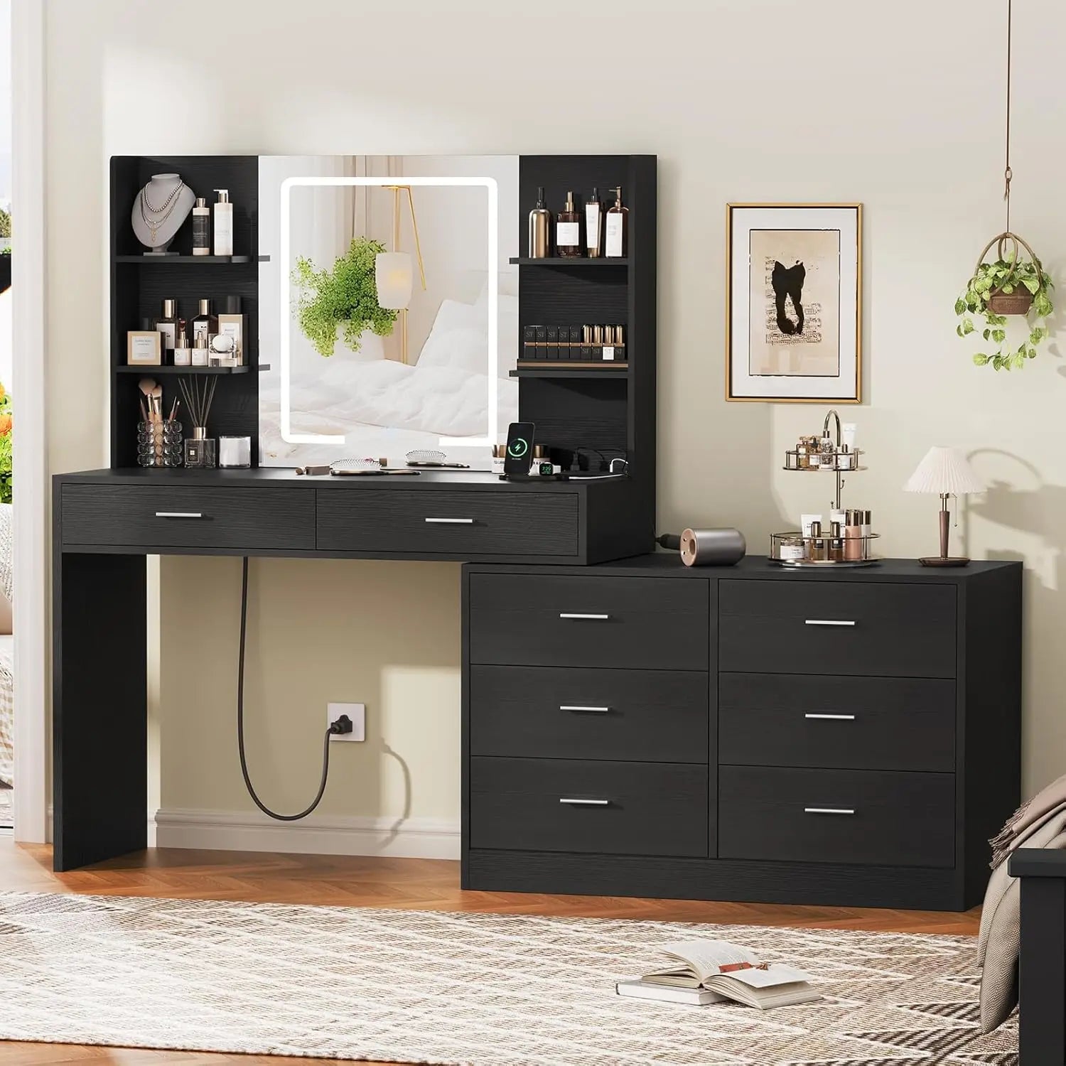 65.9" Vanity Desk with LED Lighted Mirror & Power Outlet, Modern Corner Makeup Vanity Table, Dressing Table for Bedroom