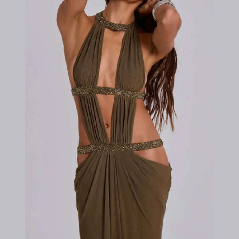 KIMLUD, Fashion Hollow Out Maxi Dress Women's Chic U-neck Long Sleeve Solid High Waist Slim Dresses 2025 Lady Sexy Party Vacation Gown, KIMLUD Womens Clothes