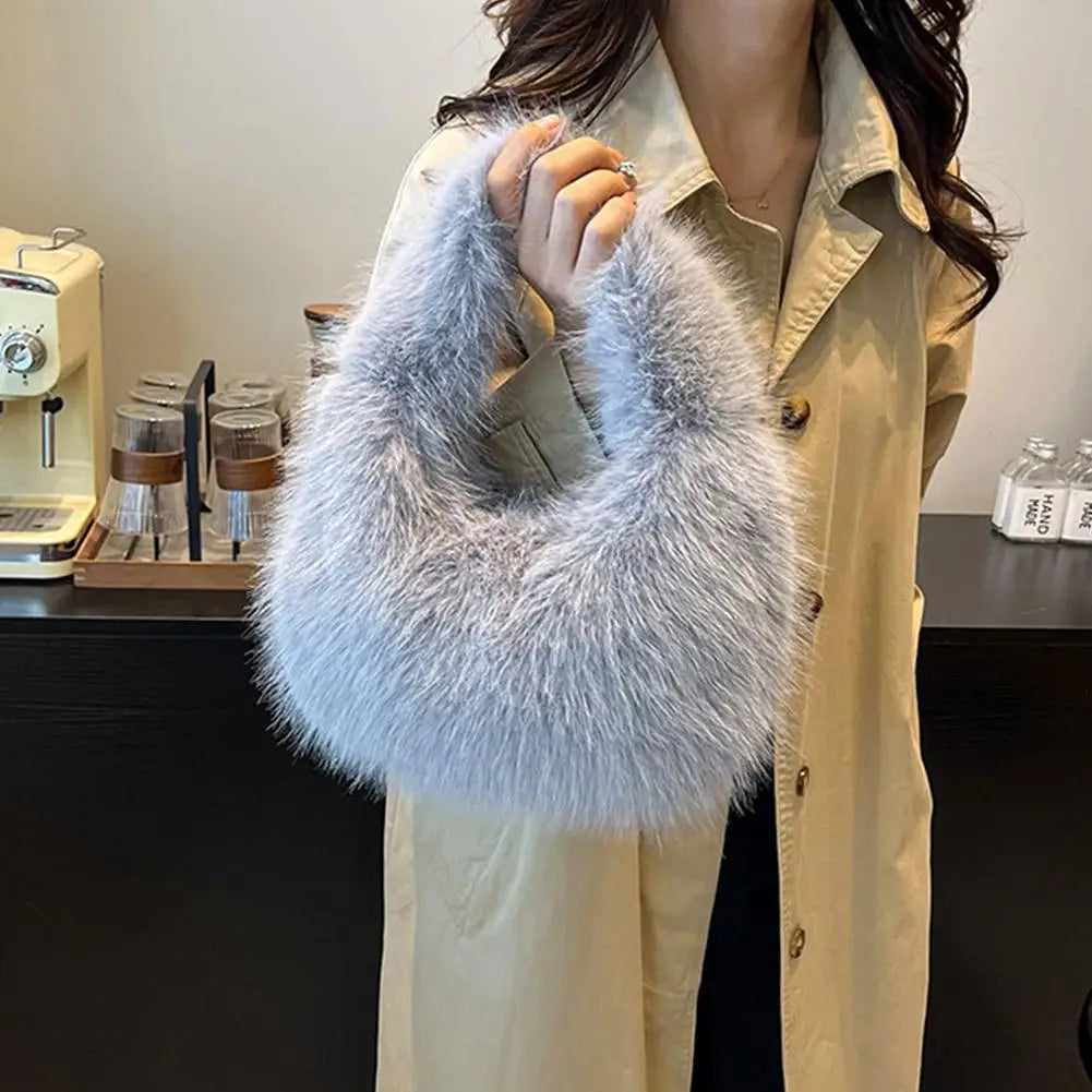 Winter Shoulder Bags Casual Furry for Women Solid Color Soft Plush Ladies Clutch Purse Handbags Lightweight Female Hobos Bag