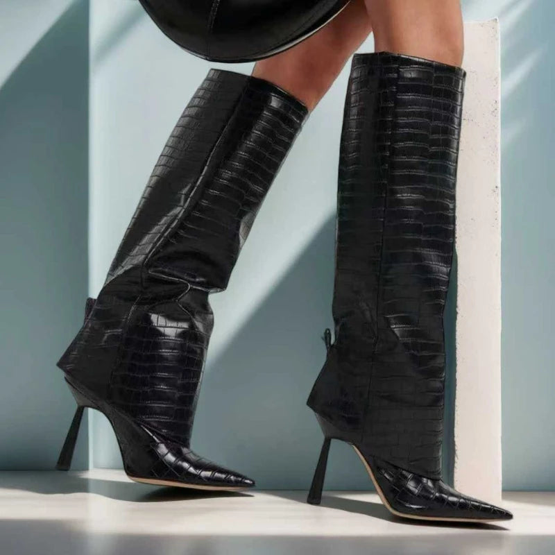 Women's Fashion Retro Stone Pattern Pointed Sleeve Skirt Boots European and American High End Loose Pants Banquet Boots