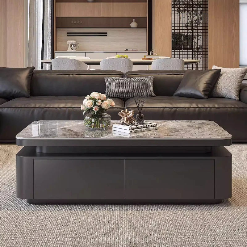 Minimalist Rock Slab Storage Coffee Table — Deep Graphite Black | KIMLUD
