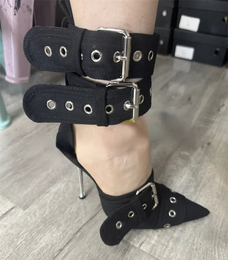 New Women's Denim Metal Rivet Buckle Sandals Women's Sexy Punk Style Pointed Hollow Metal 11cm High Heel Knee High Boots Size43