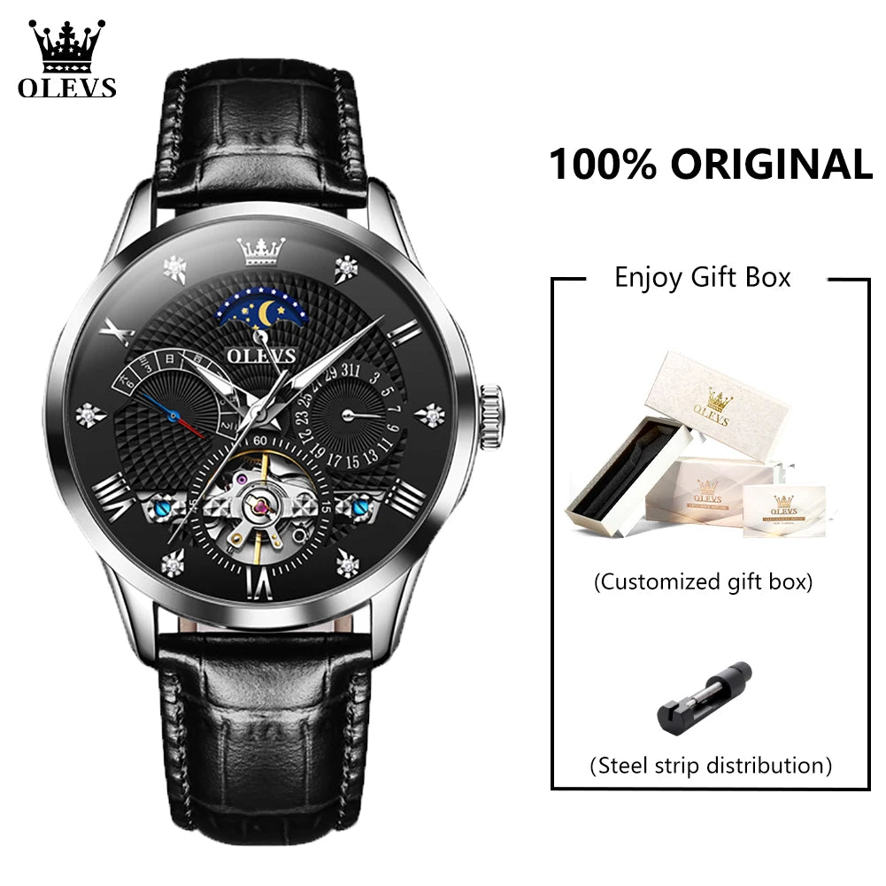 Leather Moon Phase Automatic Watch — Black | KIMLUD