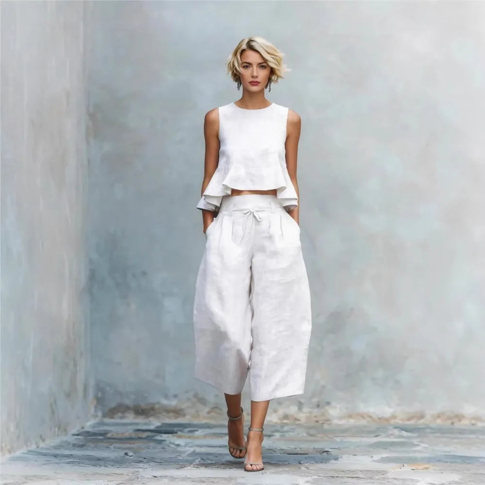 Linen Ruffled Vest Top Two-Piece Set — Ivory | KIMLUD