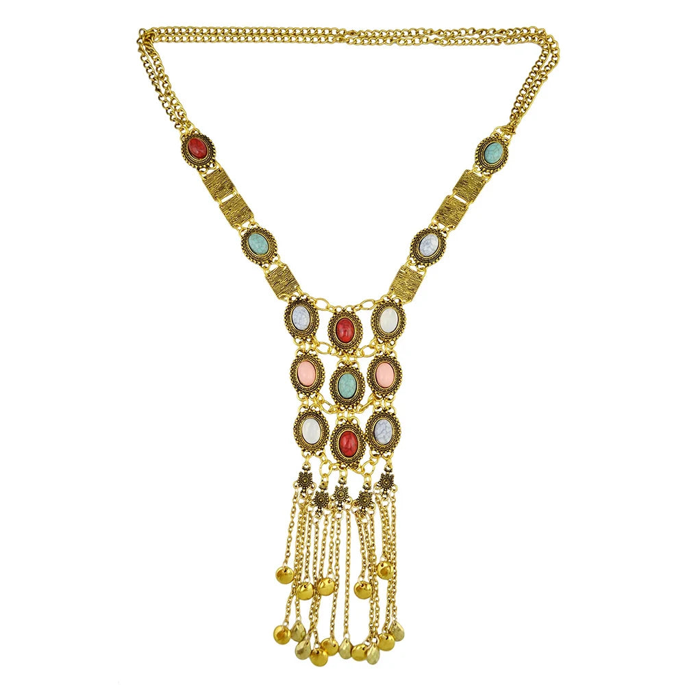 Pendant Necklace – Multi Layer Tassel Bell Turquoise Gemstone – Zinc Alloy | KIMLUD