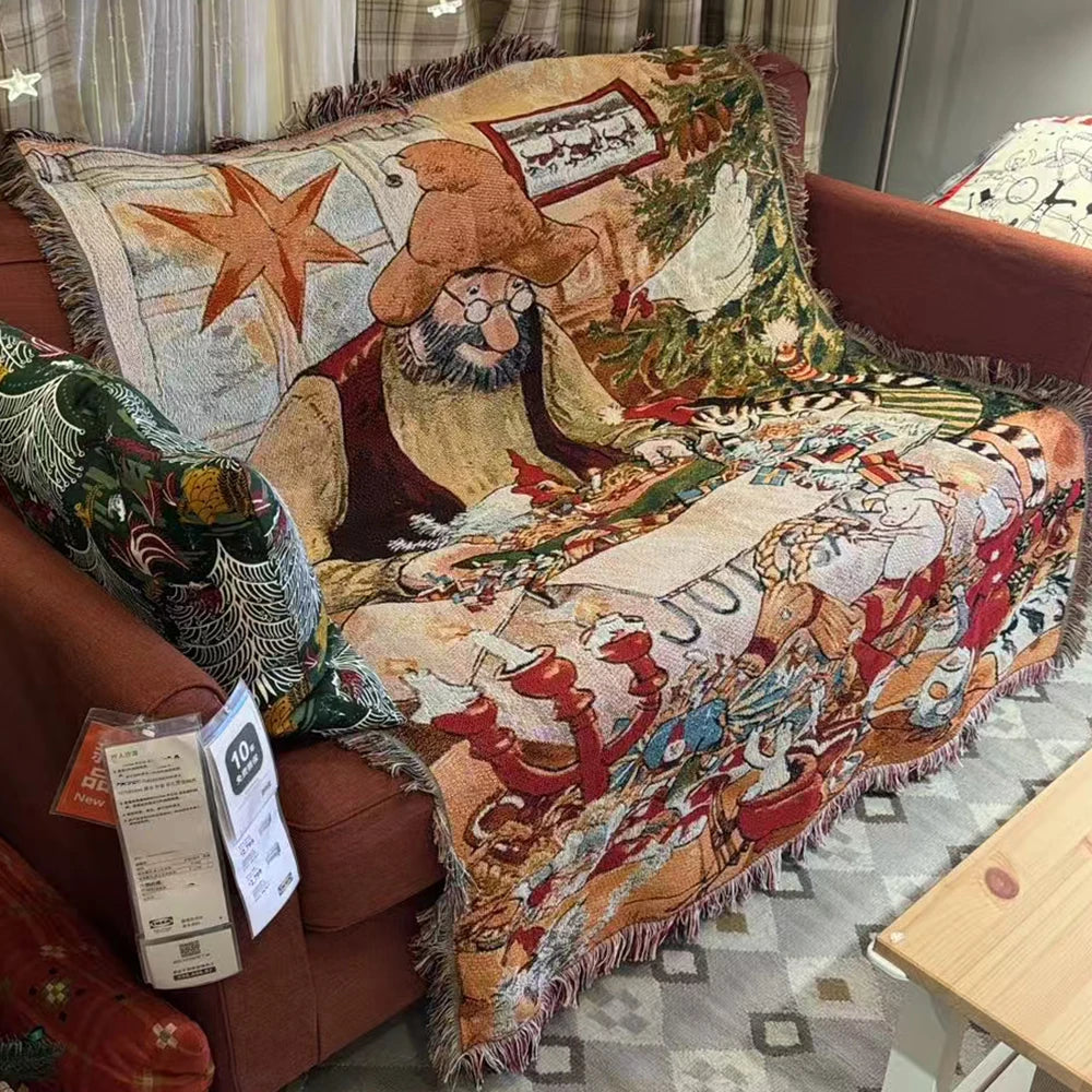 Retro Village Sofa Blanket Cotton Thread Throw Christmas Living Room Leisure Sofa Cover Winter Knitted New Years Gifts Blankets