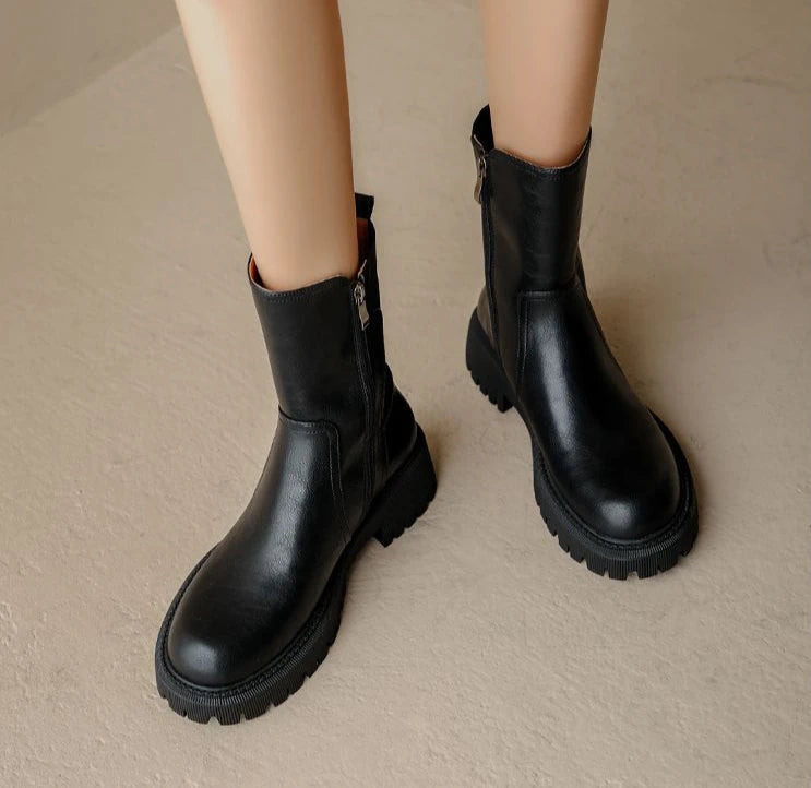 Women's Half High Boots Brown Round Toe Ladies Mid Calf Shoes Chelsea Flat Comfortable and Elegant Winter 2024 Novelty Cosplay