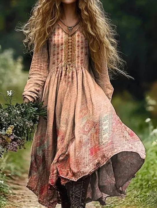 Boho Vintage Print Long Dresses For Women 2025 Casual V Neck Full Sleeve Splice High Waist Loose Dress Autumn Fashion Vestidos
