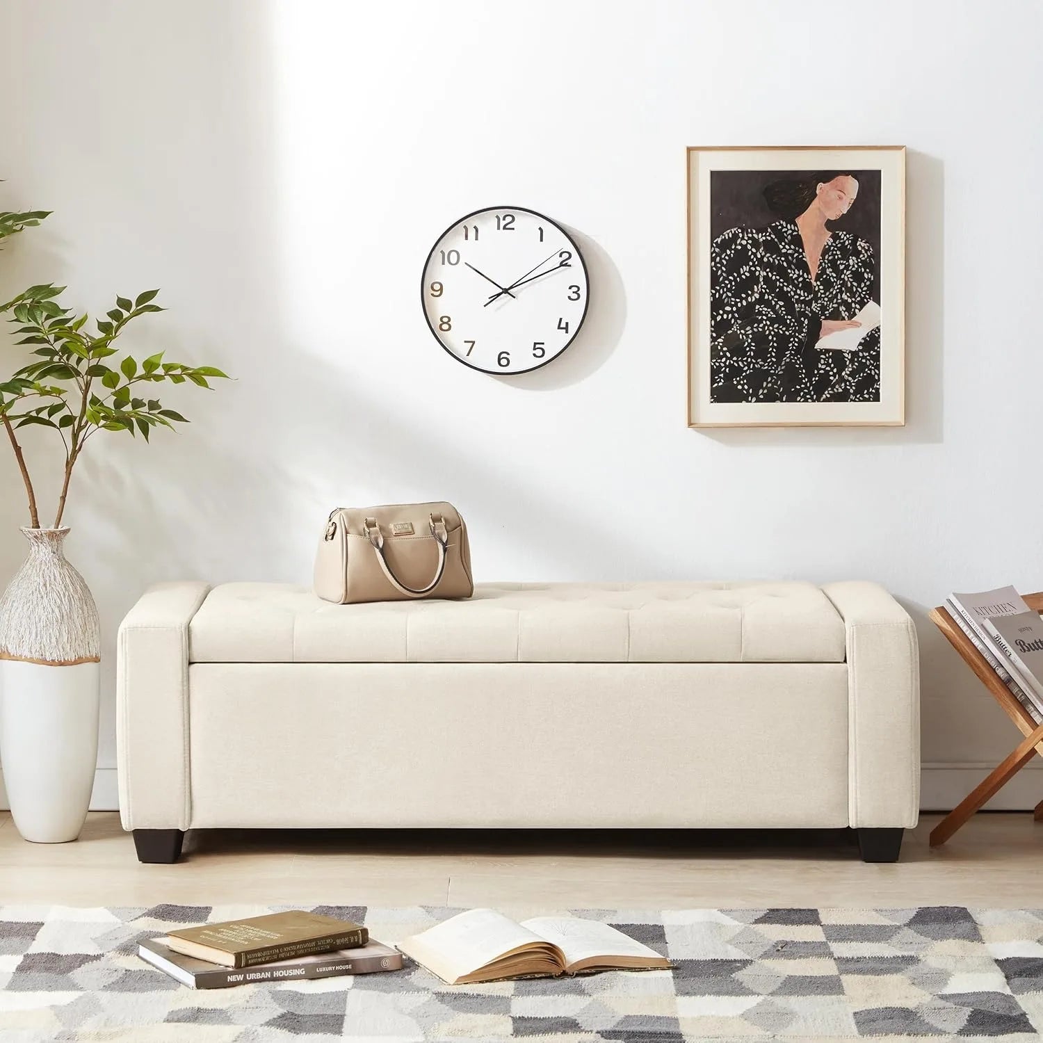 Storage Ottoman Bench with Safety Hinge & Storage, Upholstered Storage Bench with Seating for Bedroom, Living Room, Beige