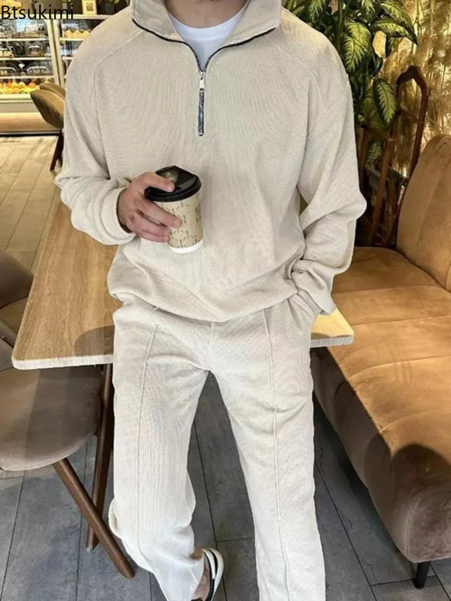 KIMLUD, New Men's Corduroy Two Piece Sets Fashion Casual Long Sleeve Sweatshirts and Pants Trend Streetwear Spring Autumn Men Tracksuits, KIMLUD Womens Clothes