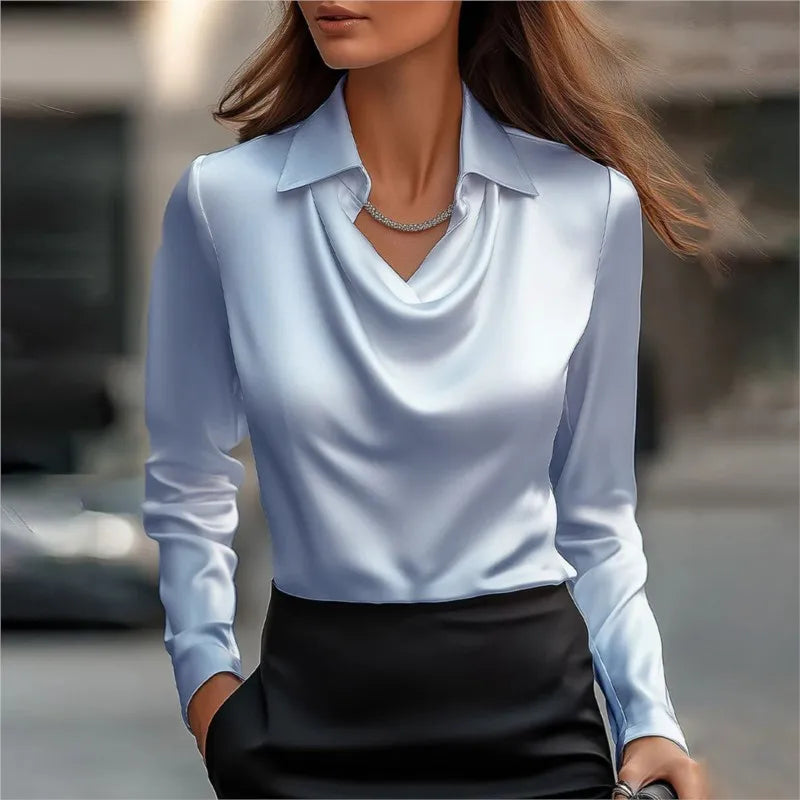 Elegant Women's Satin Shirt Blouse New Print V-neck Swing Neck Long-sleeved Solid Color Loose Shirt Casual Top Office Ladies