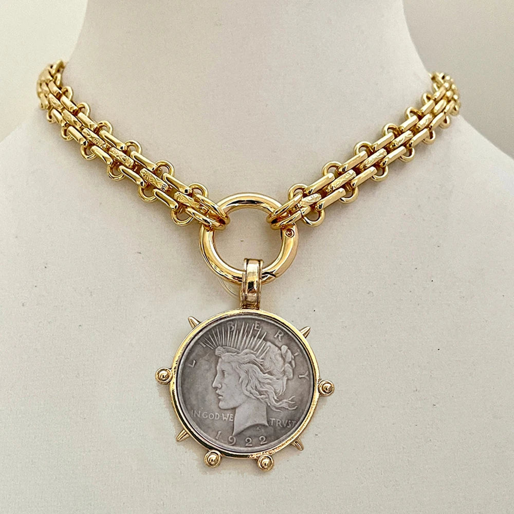 Choker Necklace - Coin Charm Pendant - Cubic Zirconia - Grey | KIMLUD