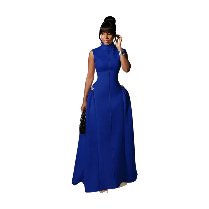 Women High Neck Sleeveless Fitted Floor Length Maxi Dress With Side Flared Detail For Formal Gala Wedding And Evening Party Occasion