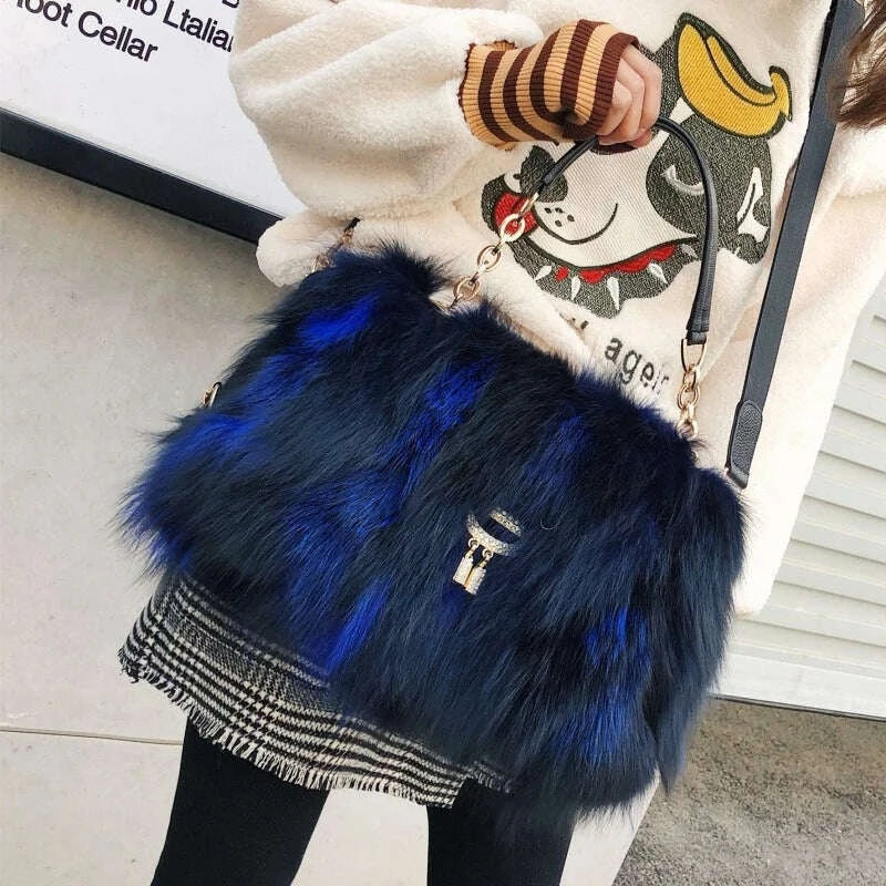 KIMLUD, Fox Fur Women's Bag Fashion Large Capacity Furry Women's Handbag Designer Luxury Bag Handheld Crossbody High End Furry Bags Big, KIMLUD Womens Clothes