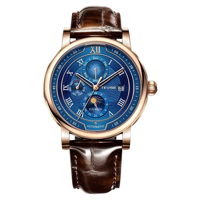 LIGE TEVISE Business Waterproof Mechanical Mens Watches Brand Luxury Leather Strap Watch for Men Moon Phase Automatic Wristwatch