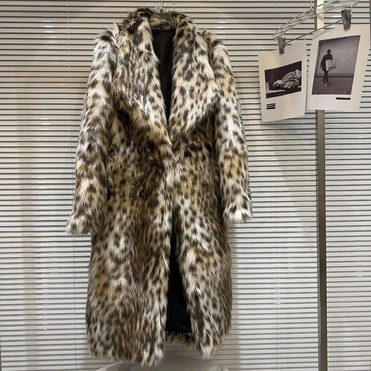KIMLUD, Women Faux Fur Long Coats Jackets Turn Down Collar Leopard Print Coat Thick Warm Y2k Streetwear Jacket Outerwear Autumn Winter, KIMLUD Womens Clothes