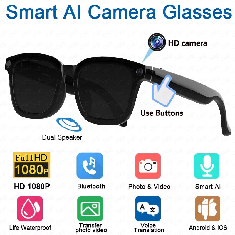 V03-T5 Smart AI Glasses HD Camera 1080P Video Recorder Life Waterproof Al Voice Translation Bluetooth Call Sunglasses Glasses