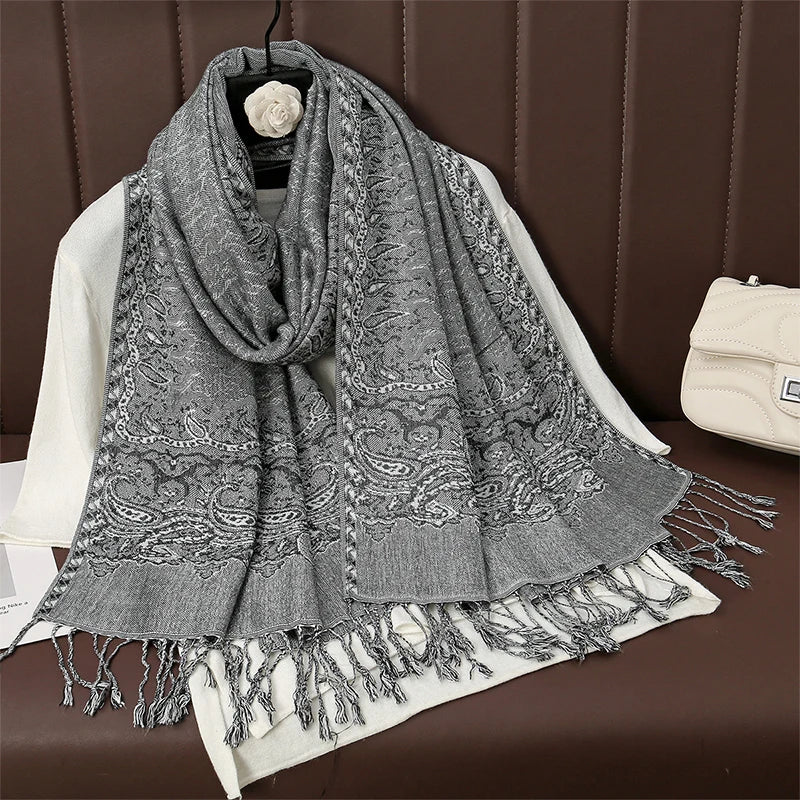 Cashmere Pashmina Shawl With Autumn Print Design, Olive Accents And Gold-Toned Fringe — Red | KIMLUD