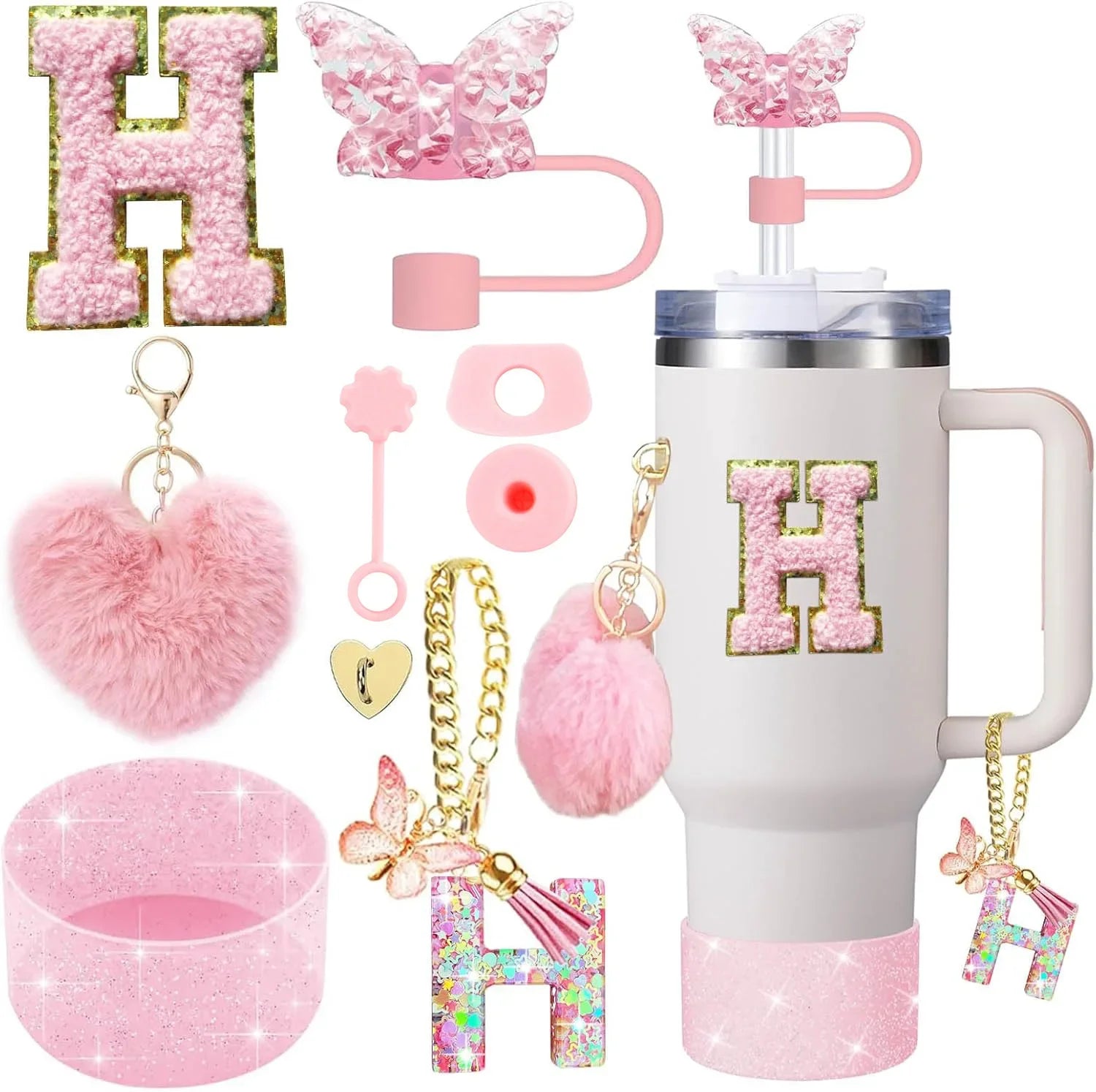 9PCS Cup Accessory Set for Stanley 30oz 40oz Butterfly Straw Cover Cap Silicone Boot Charm Initials Sticker Spill Proof Stopper