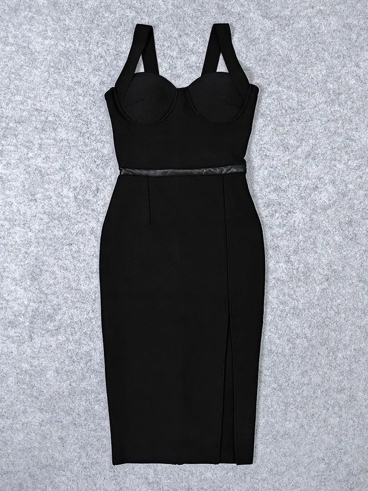 BEAUKEY Summer Sexy Slit Black HL Evening Bandage Dress Women Spaghetti Strap Maxi Dress Bodycon Club Party Dress XL Club Party