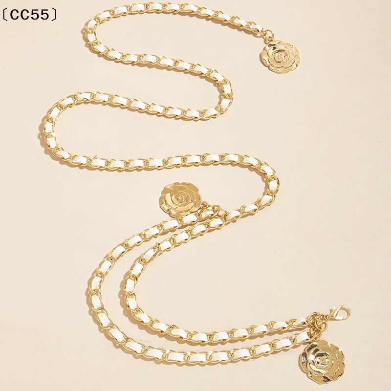 Metal Waist Chain Belt With Circular Flower Pendant And Fine Chain Strap — Gold | KIMLUD
