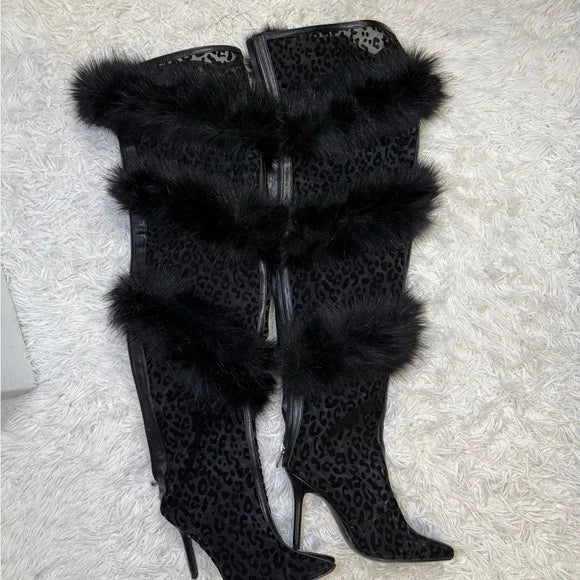 Lace Leopard Print Thigh-High Boots — Black | KIMLUD