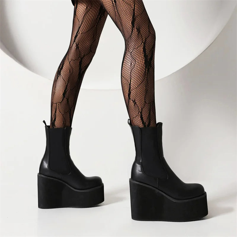 Platform Ankle Boots For Women Shoes Black White Wedges High Heels Gothic Boot Casual Autumn Winter Shoes Female Waterproof