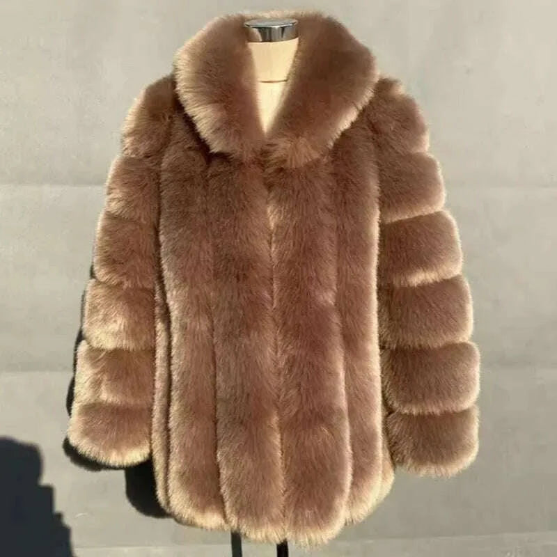 KIMLUD, 2025 Winter Women's Mid-Length Faux Fox Fur Coat Plush Luxe Warm faux fur Trench Elegant Thermal Outerwear Faux Fur Tops, KIMLUD Womens Clothes