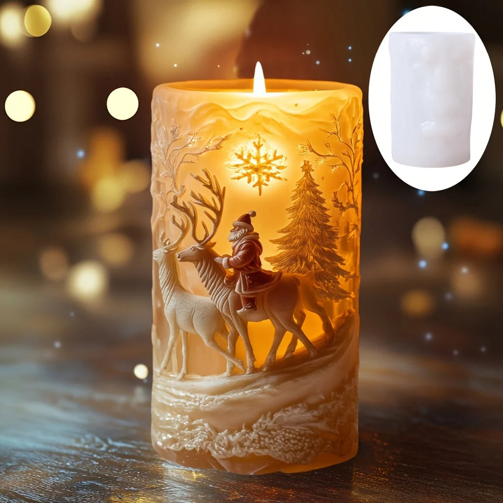 KIMLUD, 3DReindeer riding Santa Claus relief cylindrical candle silicone mold Christmas tree snowflake snow forest reindeer resin molds, KIMLUD Womens Clothes