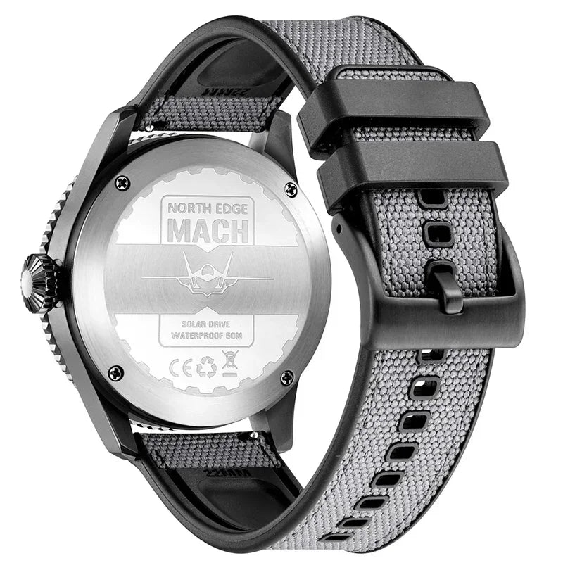 NORTH EDGE Watches for Men MACH 2024 New Desgin Solar Powered Watch Dual Time Zone Waterproof TPR Nylon Strap Pilot Mens Watch