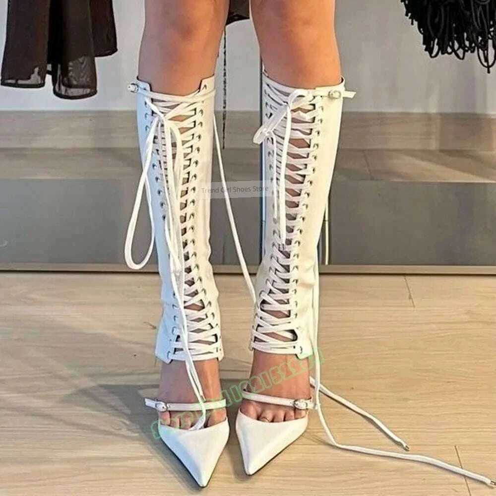 KIMLUD, Cross Tied Sandals Boots Pointy Toe Hollow Buckles Straps Knee High Boots Summer Women Sexy Shoes Lace Up Stiletto Heels Design, KIMLUD Womens Clothes