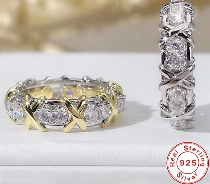 KIMLUD, Luxury 925 Sterling Silver Ring Interlaced With Aaa Zircon Crystal Ring For A Woman'S Engagement Jewelry Gift 2 Color Choices, KIMLUD Womens Clothes