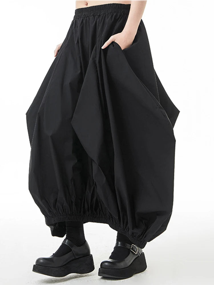 Skirt – High Elastic Waist – Irregular Pleated Long – Black | KIMLUD