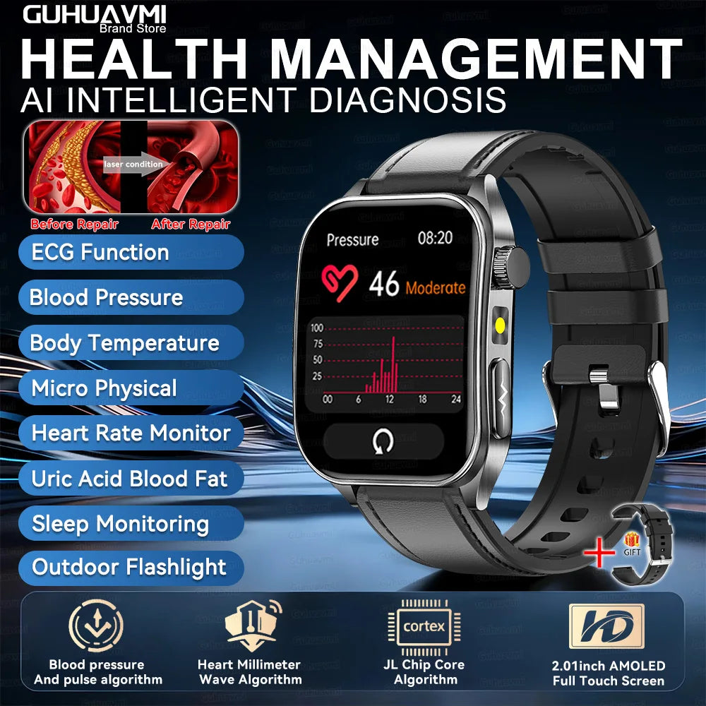 2025Hot AI-GPT Diagosis ECG Health SmartWatch Blood Pressure Lipid Uric Acid 650nm Dual-Probelaser Heart Analysis Smart bracelet