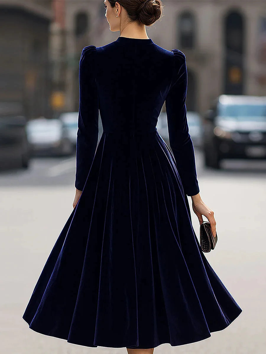 Velvet Dress Long Sleeve Round-Neck Midi — Navy | KIMLUD