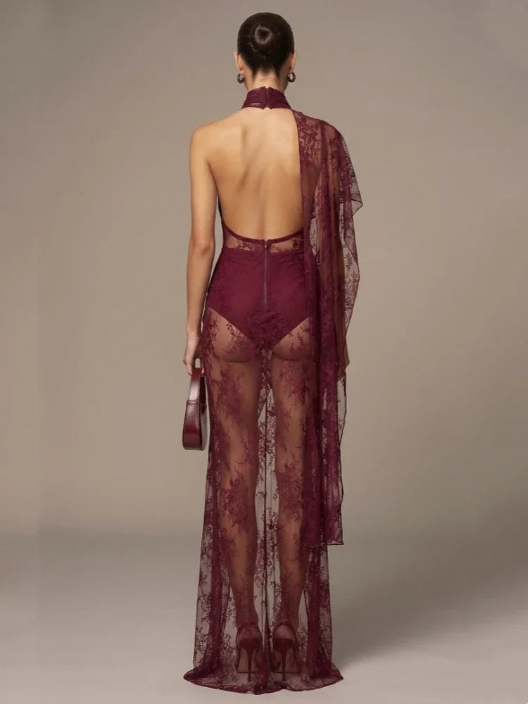 Dresses – Backless High Neck Lace See-Through – Slim Silhouette – Black | KIMLUD