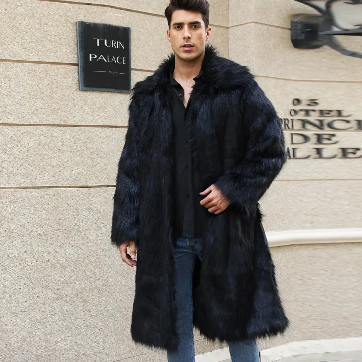 Men's Faux Fur Coat - Long Coat - Faux Fur | KIMLUD