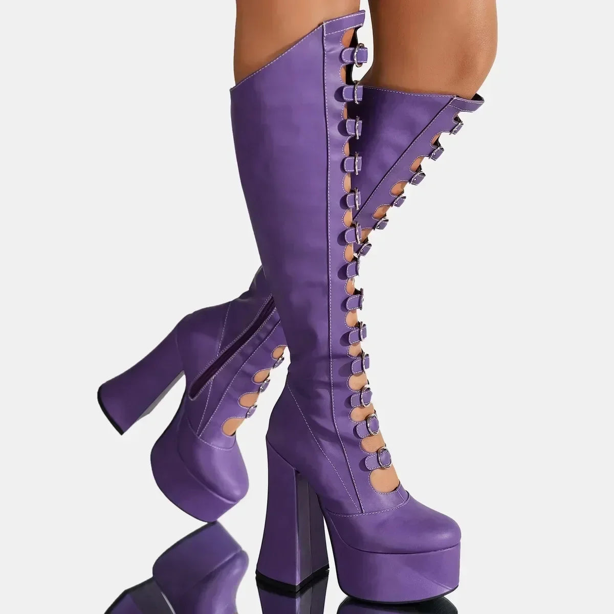 PU Knee-High Mary Jane Boots Belt Buckle Patchwork — Warm Tan | KIMLUD