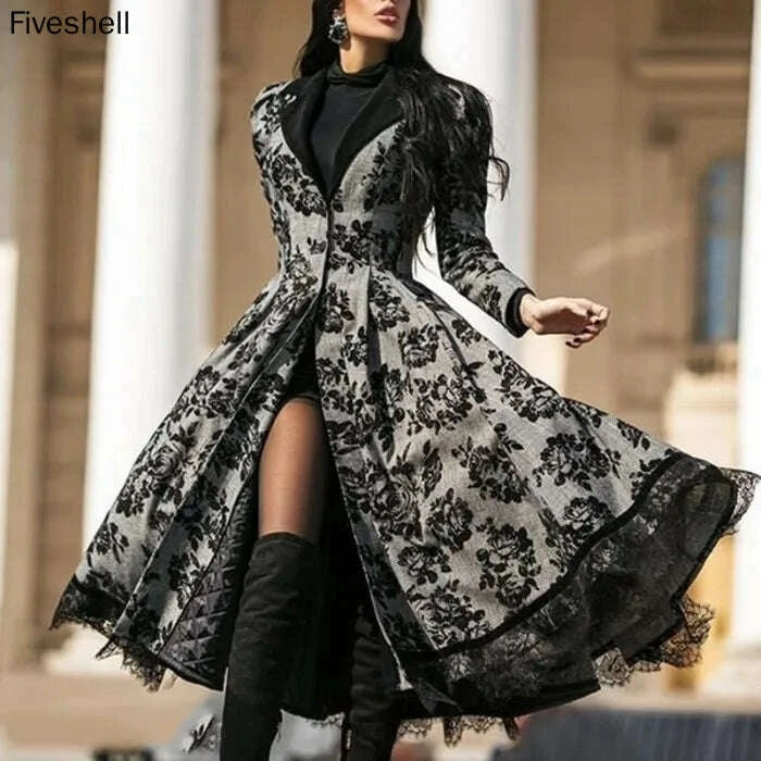 lace stitching black dress Medieval Long Sleeve Style:Size 4 White & Blue Floral For work Neckline:BOAT