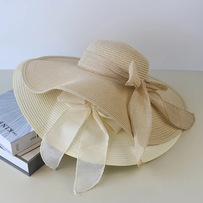 Straw Bow Hat Large Brim Sun Protective — Natural | KIMLUD