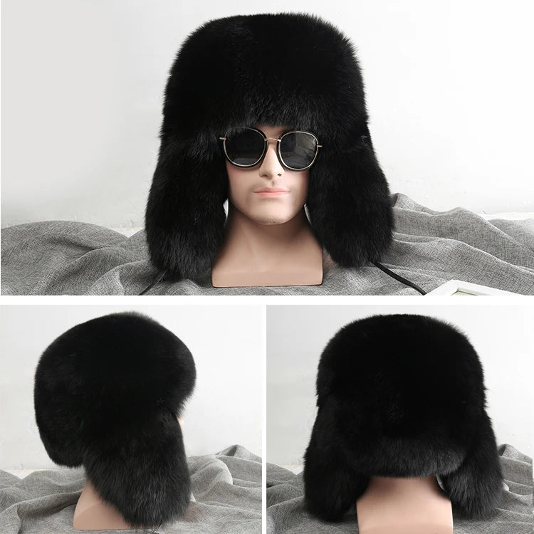 2025 Winter 100% Real Silver Fox Fur Bomber Hat Raccoon Fur Ushanka Cap Trapper Russian Men's Ski Hats Caps