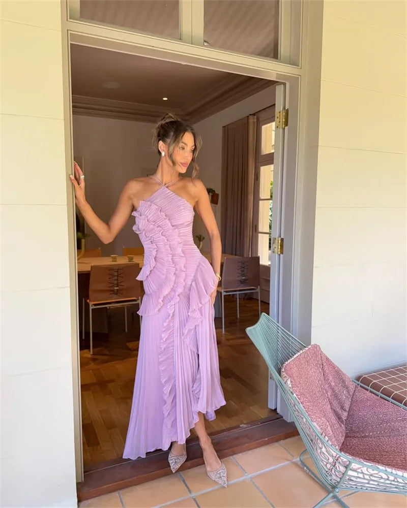 Mozision Elegant Off-shoulder Ruffle Sexy Maxi Dress Women Fashion Halter Sleeveless Backless Draped Pleated Club Party Dress