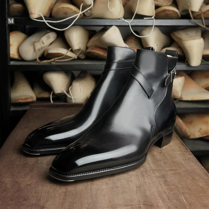 New Brown Short Boots for Men Black Buckle Strap Fashion Ankle Boots Business Square Toe Men Boots