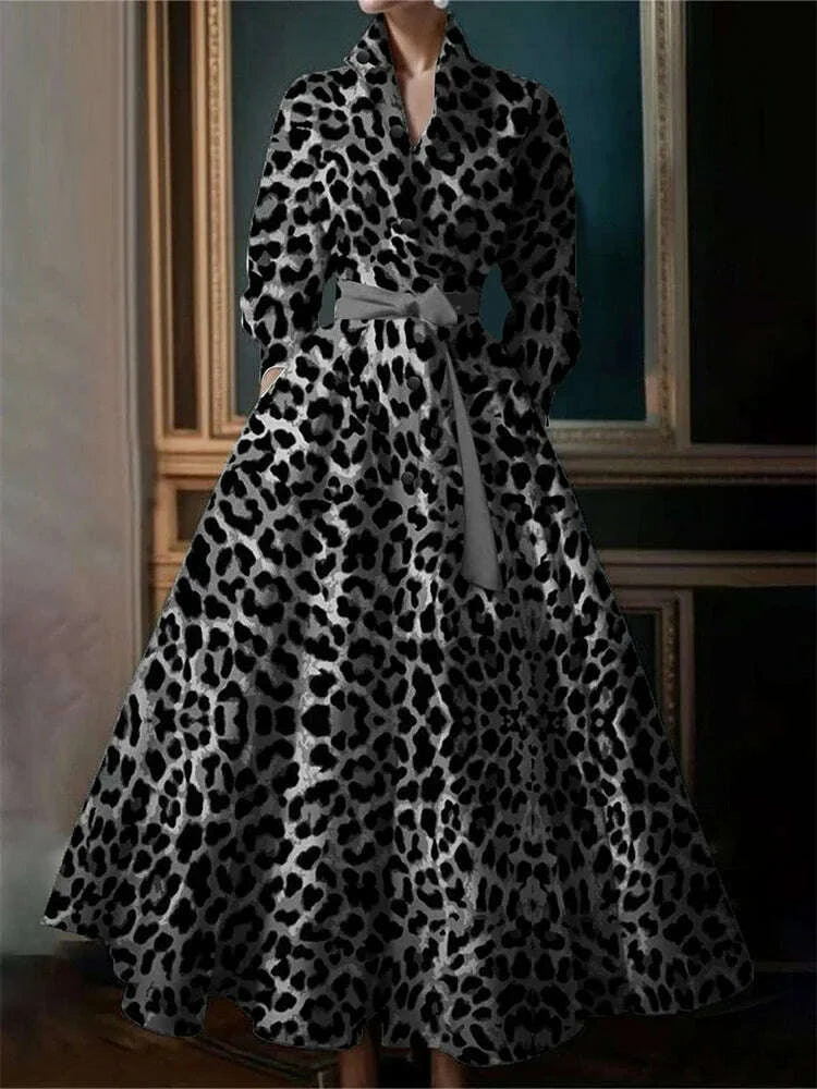 KIMLUD, Elegant Leopard Dress for Women Pleated A-Line Dress with Belt Turn Down Collar Evening Long Sleeve Vintage Maxi Dress Vestidos, KIMLUD Womens Clothes