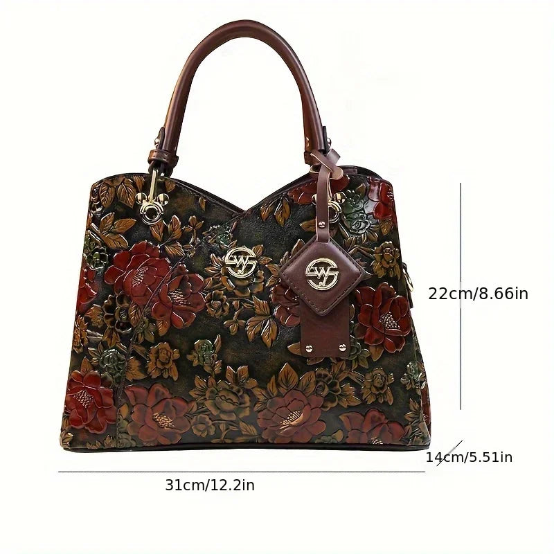 PU Leather Tote Bag Crossbody Floral Pattern — Black | KIMLUD