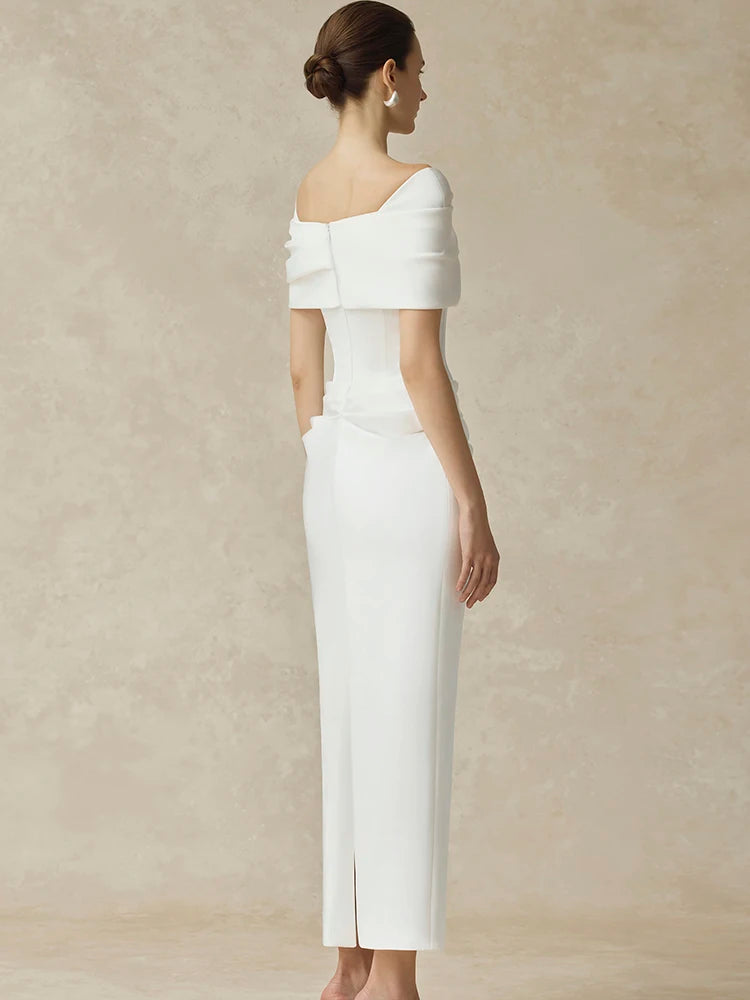 Polyester Slash-Neck Pleated Back Ankle-Length Evening Dress — Black | KIMLUD