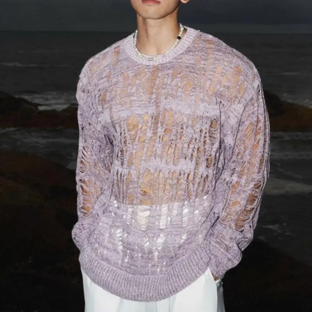 Hollow-Out Mesh Knit Top Crew Neck Long Sleeve — Black | KIMLUD