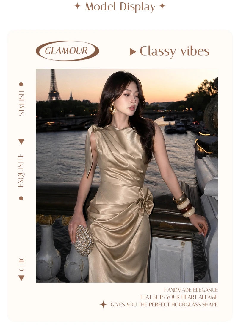 Evening Dress – One Shoulder Draped Ruched – Satin – Champagne | KIMLUD